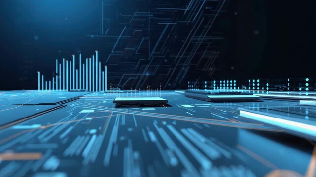 Futuristic circuit board microchip technology data visualization with glowing blue traces and sleek