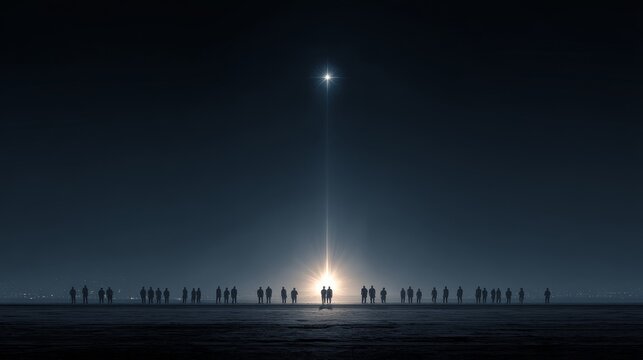 Minimalist night sky scene with a group of people standing apart yet looking up at the single shining North Star, symbolizing shared vision, guidance, focus, and the ultimate goal concept