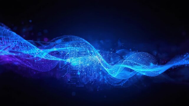 Abstract blue purple digital wave circuit technology data flow with glowing particle network