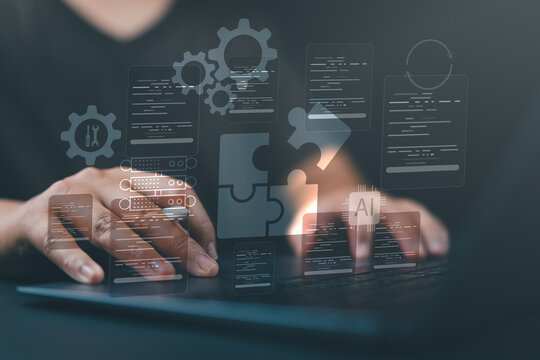 Low-code or no-code development platform concept, showing a businessperson using a laptop to build applications without traditional coding, enabling faster software creation.