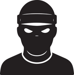 Thief or robber concept silhouette icon, symbol, avatar vector illustration. Criminal man in mask and beanie hat close up