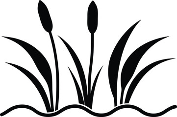 Three cattail plant reeds with leaves and water waves silhouette vector illustrations. Natural flora icon or symbol for outdoor, park or wildlife concept