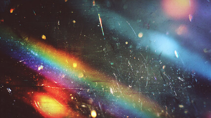 Naklejka premium A vibrant rainbow shines across the dark background. The image has a textured look, with light streaks and flares, creating a unique visual experience