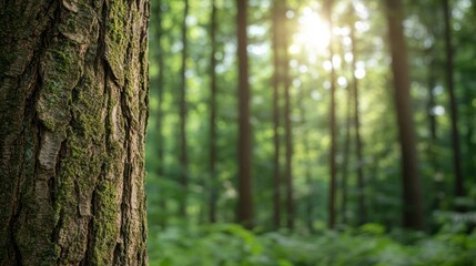 Obraz premium A serene forest scene showcasing a majestic tree with sunlight filtering through the vibrant green foliage, enhancing nature's beauty.