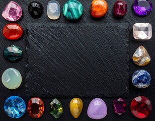 A flat lay showcases a dark gray, rectangular slate surface surrounded by a vibrant collection of polished gemstones