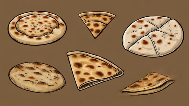 Stylized flatbread collection hand drawn cartoon sketch illustration