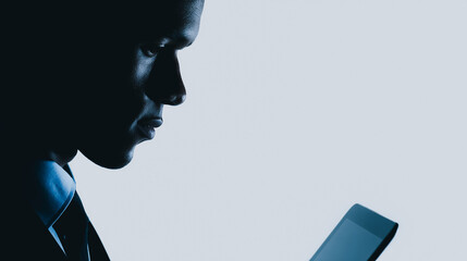 Dramatic silhouette of a businessman using a mobile device against a clean background, conveying concepts of focus, digital security, and corporate communication