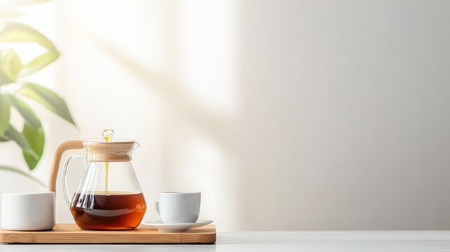 A serene scene featuring a glass teapot and cups on a wooden tray, illuminated by soft sunlight. Perfect for tea lovers.