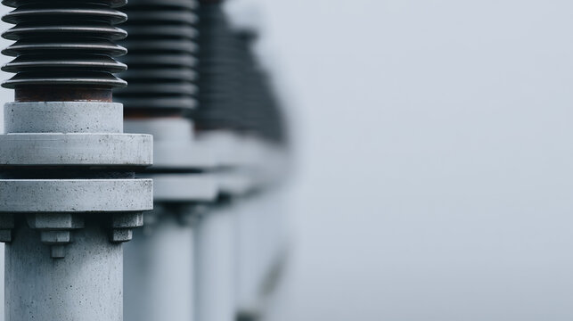 High Voltage Electrical Insulator Close-up in Power Substation. Industrial infrastructure detail with copy space.