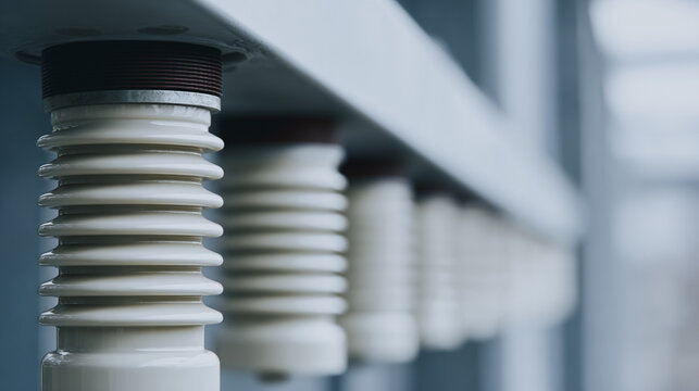 Close-up of ceramic insulators in a row on high voltage electrical switchgear equipment, highlighting engineering details and power distribution technology in an industrial setting