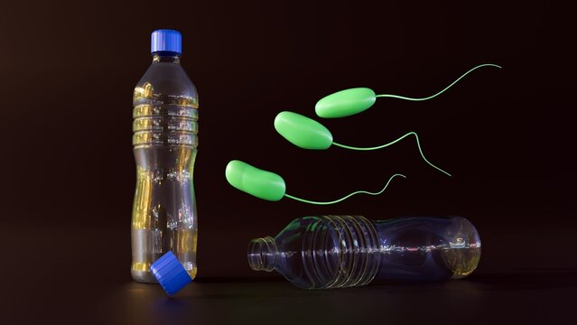A 3d rendering of Ideonella sakaiensis can break down polyethylene terephthalate (PET) the material used to make single-use water bottles and use it as its primary source of energy and carbon.