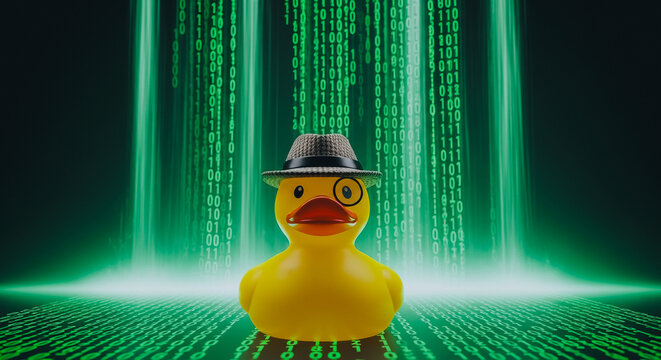 Rubber Duck Debugging Concept: Mysterious Detective Duck with Fedora Hat and Monocle Standing on Binary Code Data Stream, Representing Cyber Security and Programming.