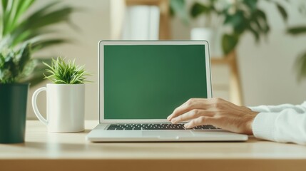 Fototapeta premium A serene workspace featuring a laptop, a hand at the keyboard, and green plants for inspiration and productivity.