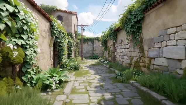 Charming stone alleyway with ivy and sunlight.