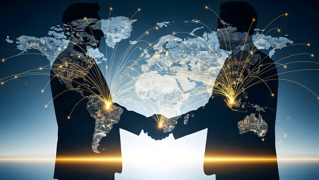 Global business professionals in silhouette engage in a handshake symbolizing international partnership, featuring a world map overlay with glowing city lights and radiating digital network - Powered by Adobe