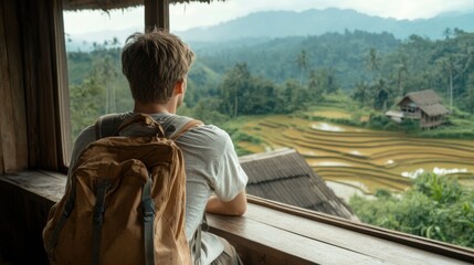 Naklejka premium A traveler admires stunning rice terraces from a wooden balcony, surrounded by lush greenery and mountains.