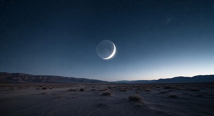 Night Sky with Crescent Moon and Starry Atmosphere Over Desert Landscape