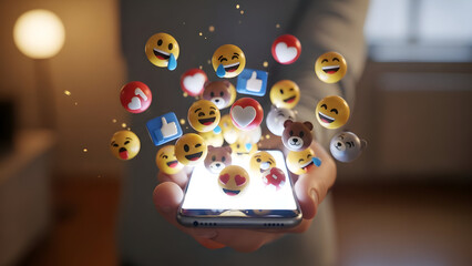 Dynamic 3D emojis and social media reaction icons explode from a bright smartphone screen held by human hands in a soft indoor environment, symbolizing modern digital connectivity and online