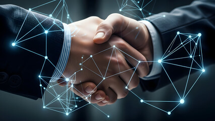 Digital handshake signifying a robust global business agreement and innovative partnership between two corporate professionals forming a strong connection within an abstract technological network
