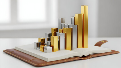 Financial growth and business success are expertly represented by an ascending 3D bar graph featuring shiny golden and silver metallic blocks resting on an open brown leather notebook on a bright