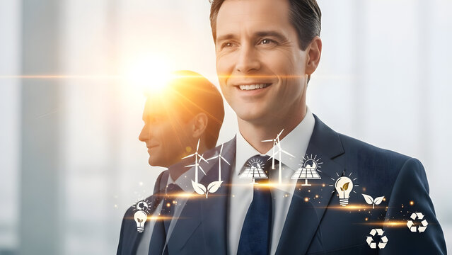 Smiling businessman in a dark suit surrounded by luminous renewable energy icons like wind turbines and solar panels, representing innovative eco-friendly sustainable solutions with bright future - Powered by Adobe