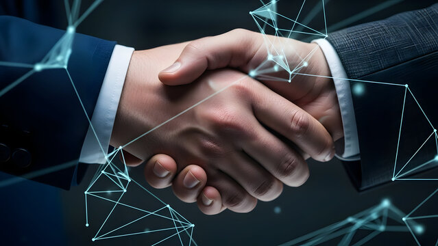 Professional individuals in business suits shaking hands firmly amidst a futuristic glowing blue network overlay symbolizing global digital collaboration, secure data exchange, and innovative - Powered by Adobe