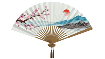 Japanese fan with cherry blossoms and mountain landscape