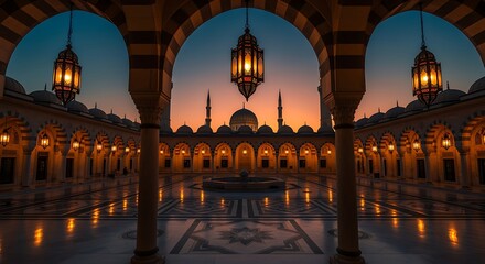 Mosque Courtyard at Sunset with Illuminated Lanterns and Architectural Arches