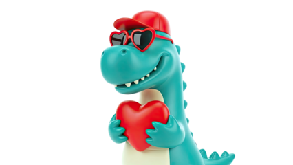 Smiling Dinosaur Holding a Heart, Wearing a Cap and Heart Sunglasses