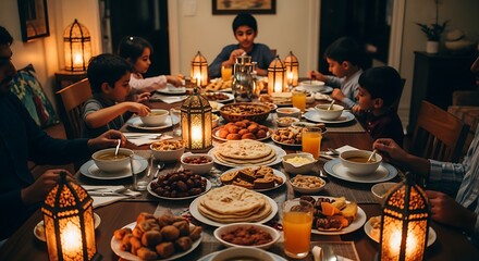 Family Children Gathering Sharing Traditional Food Dinner in Warm Cozy Home