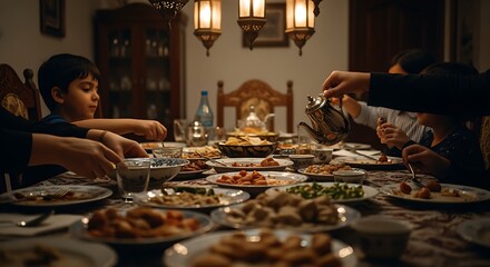 Family Children Dinner Gathering in Warm Elegant Dining Room with Traditional Food