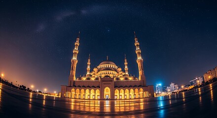 Grand Mosque Illuminated Night Scene Under Starry Sky in Modern Cityscape