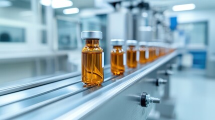 An assembly line showcasing amber medicinal vials moving through a modern pharmaceutical facility.