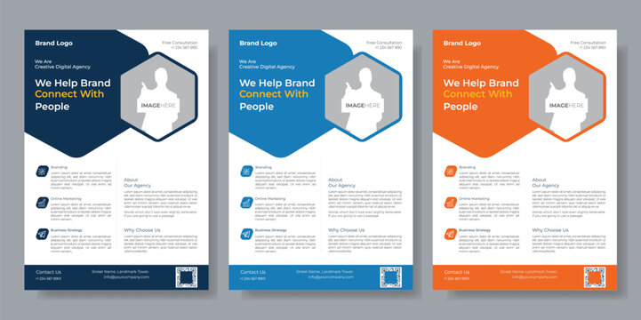 Modern & professional corporate flyer template layout. Service business promotion & marketing poster design with company logo & icon. Digital web banner with abstract geometric shape for online agency