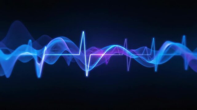 Neon heartbeat waveform soundwave pulse electrocardiogram blue purple glow crossing rhythmic motion