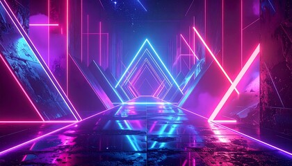 A futuristic neon-lit tunnel with vibrant pink and blue geometric shapes