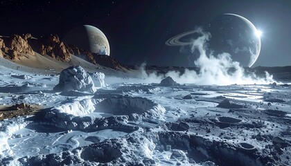 A barren, icy landscape on a distant moon with two planets in the background