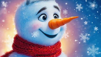 Charming Snowman Portrait with Red Scarf and Falling Snowflakes, a Winter Holiday Celebration