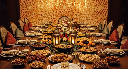 Elegant Round Dining Table Festively Decorated for Celebration with Warm Lighting and Assorted Food Platters