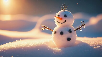 A charming snowman stands in a snowy landscape, bathed in the warm glow of the sun