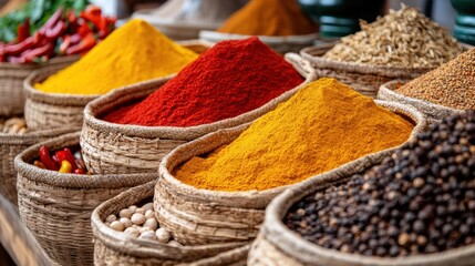 Colorful spices arranged in woven baskets, showcasing a vibrant and aromatic collection of flavors and natural ingredients.