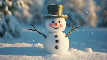 Charming snowman with a top hat stands in a snowy landscape, creating a festive winter scene.