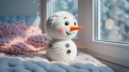 A charming snowman sits by the window, gazing at the winter landscape with a cozy blanket.