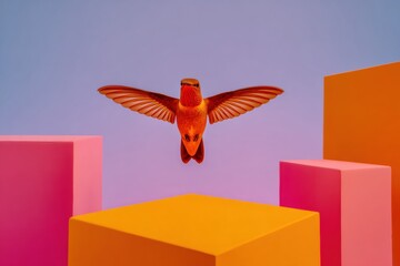 Obraz premium Modern Ruby-throated Hummingbird on Neon Mint and Lilac Dynamic Speed and Lightness for Graphic Design and Digital Marketing