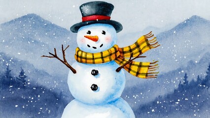 Watercolor Snowman with Scarf and Hat in a Snowy Mountain Landscape, creating a festive winter scene.