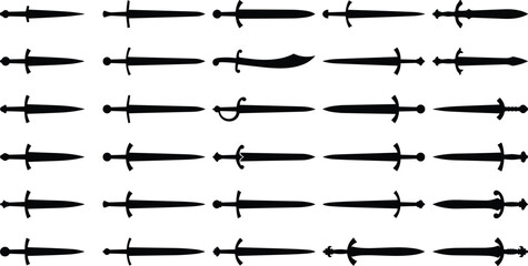 Set of medieval sword silhouettes in horizontal alignment, black ancient weapon designs isolated on white background for fantasy, history, warfare, and game asset concepts