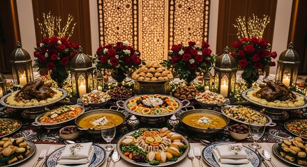 Elegant Middle Eastern Feast with Rich Decorations and Assorted Traditional Dishes