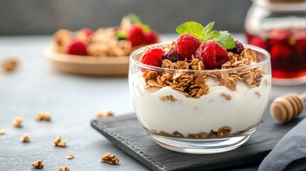 Delicious yogurt parfait with granola, fresh raspberries, and mint on a wooden surface. Perfect for breakfast or a healthy snack.
