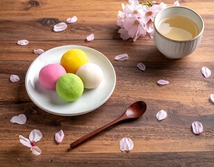 A flat lay showcases a plate of colorful mochi, a cup of tea, a wooden spoon and cherry blossoms