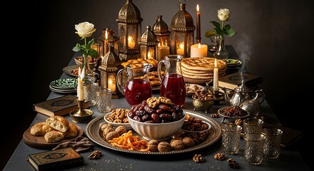 Elegant Traditional Middle Eastern Iftar Feast with Candles and Flowers on Dark Table